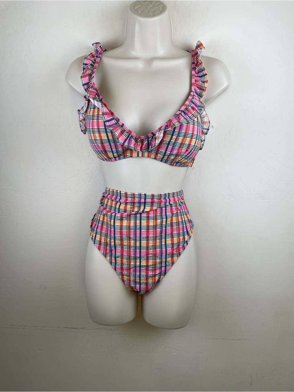 J. Crew, Plaid Ruffle High-Waist Bikini Set - Pink Multicolor